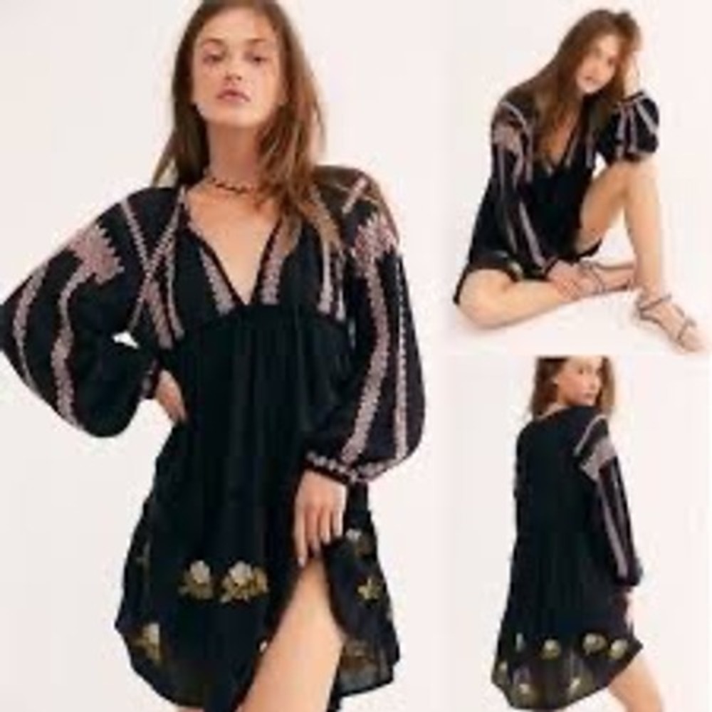 Free People Wild Horses Embroidered Mini Dress Black Pink Boho XS